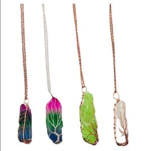 Tree of Life Wire-Wrapped Quartz Crystal Necklace: Rose, Pink, Rainbow OR Clear